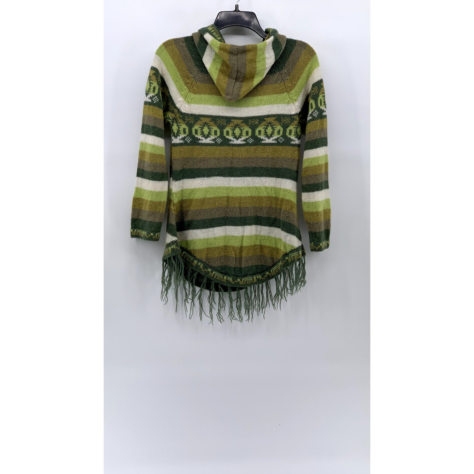 UNBRANDED Women's Green-Brown Printed Knit Hooded Fringe Hem Sweater SZ S