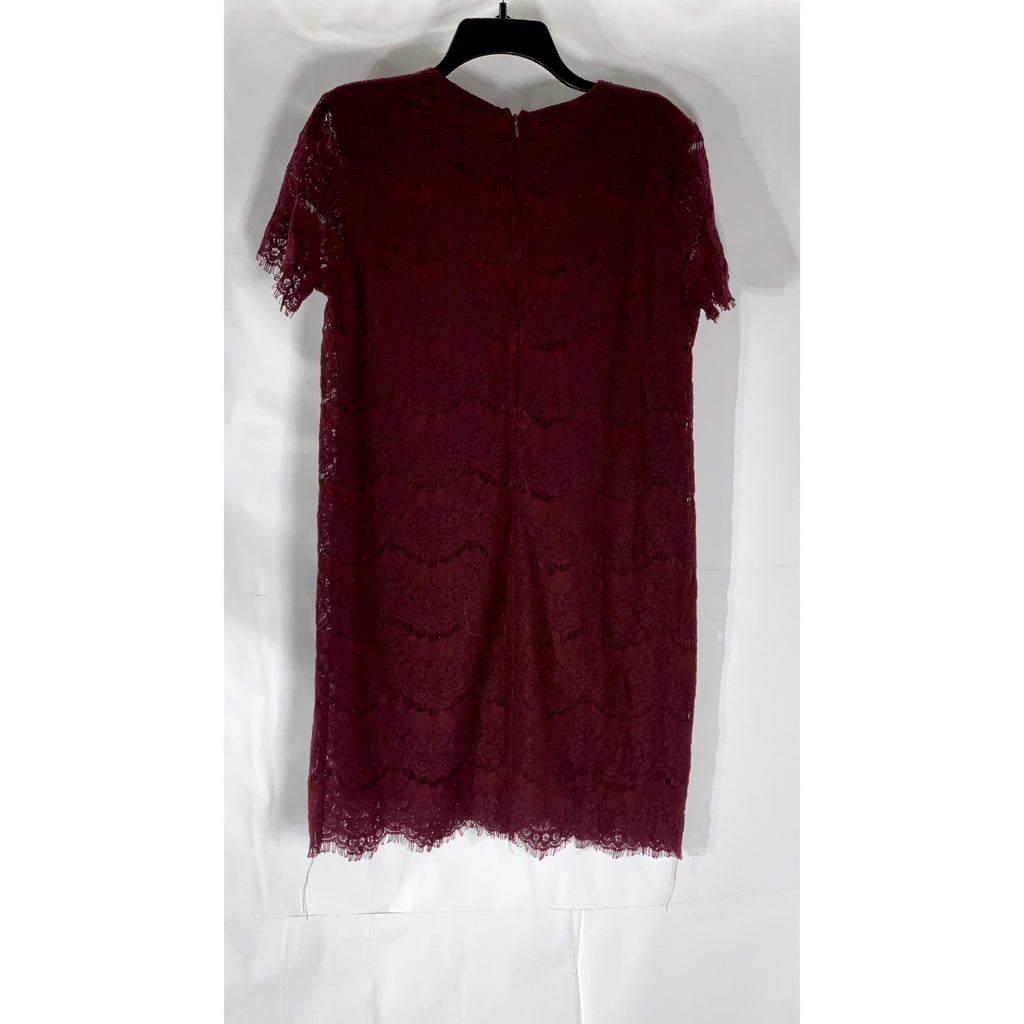 LULUS Women’s Burgundy Crewneck Take Me To Lunch Lace Short Sleeve Dress SZ S