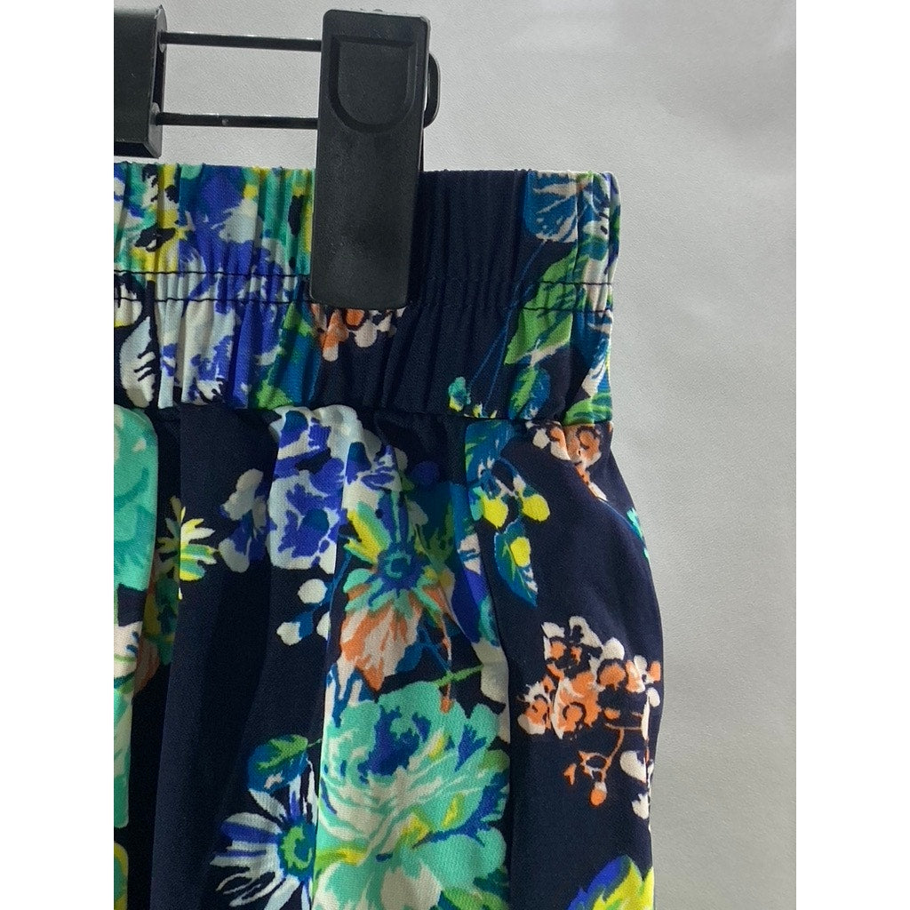 AMBIANCE APPAREL Women’s Navy Blue-Green Floral Print Elastic Waist Mini Skirt L