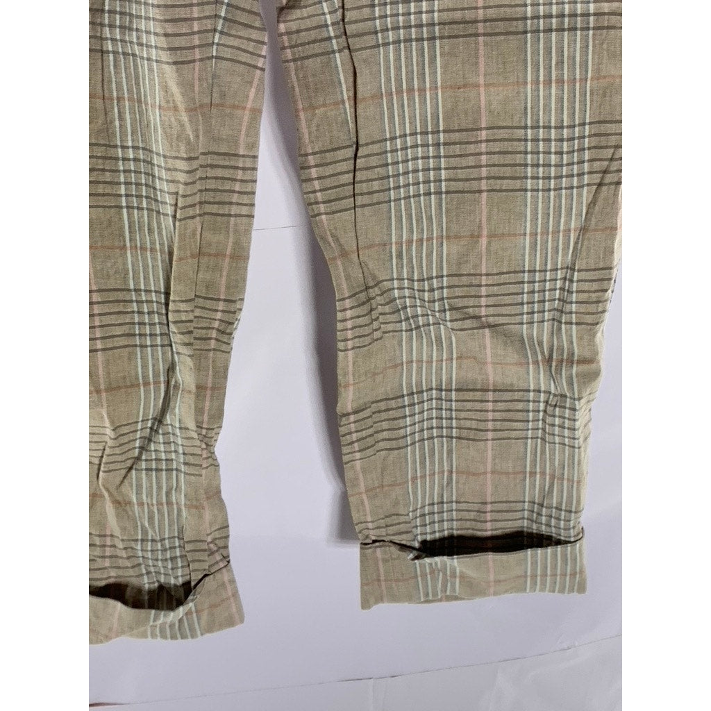 BANANA REPBULIC Women's Tan Plaid Avery Straight-Leg Linen-Blend Cuffed Pant SZ4