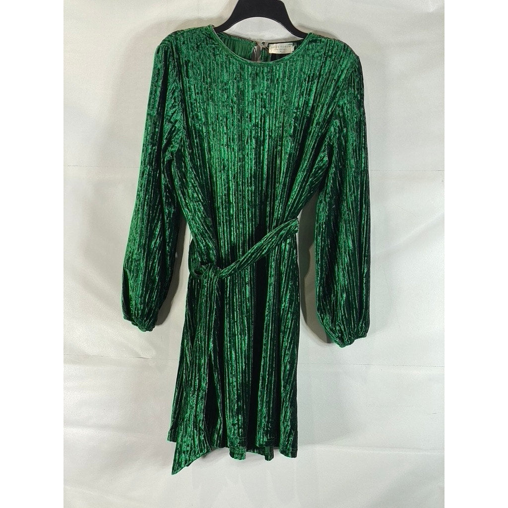 DRESS FORUM Women's Dark Green Crewneck Pleated Velvet Waist Tie Mini Dress SZ M