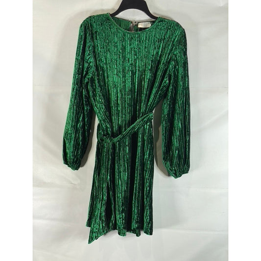 DRESS FORUM Women's Dark Green Crewneck Pleated Velvet Waist Tie Mini Dress SZ M