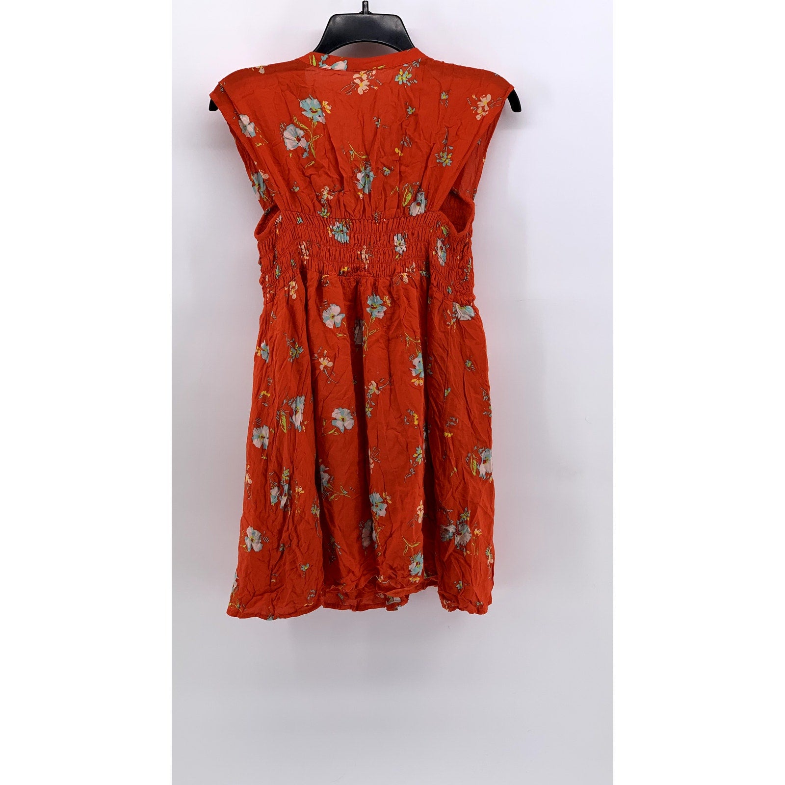 FREE PEOPLE Women's Red Orange Floral V-Neck Short Sleeve Smocked Dress SZ XS