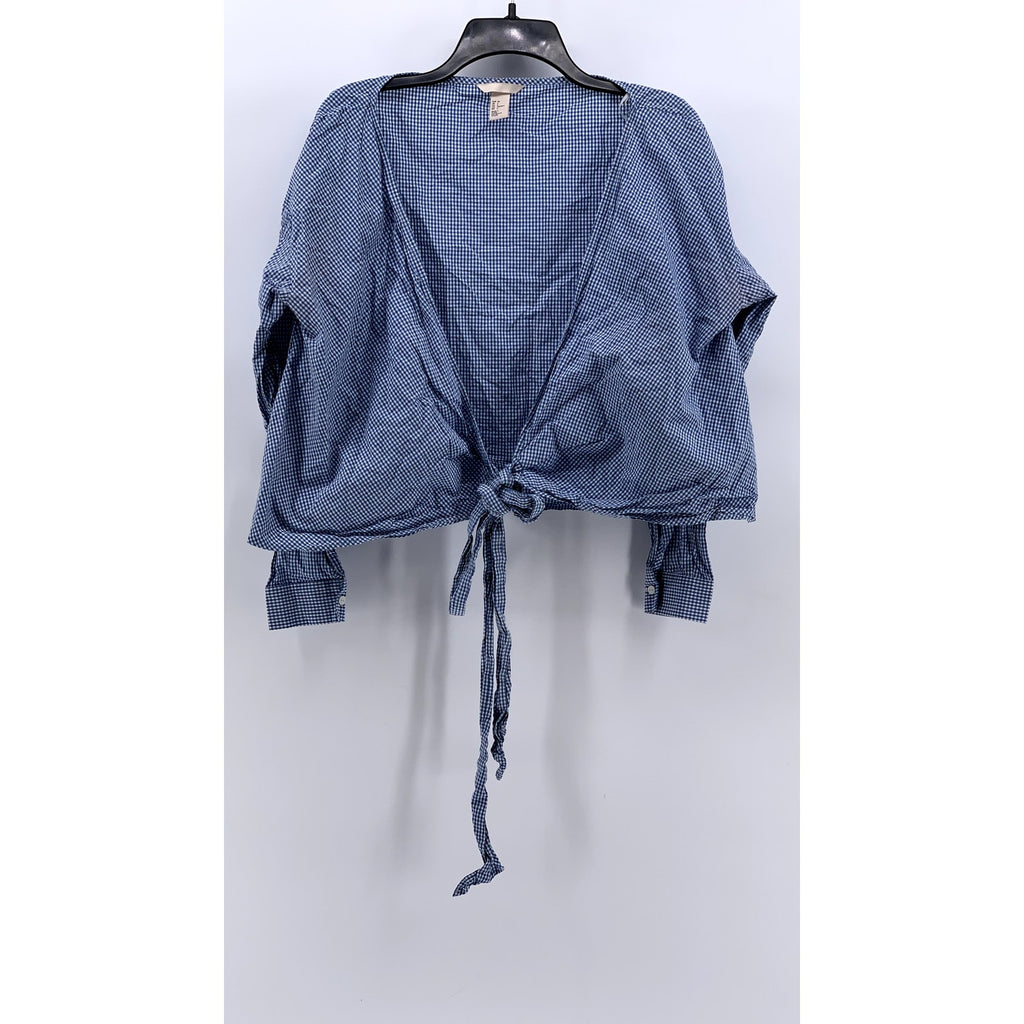 H&M Women's Blue-White Gingham Tie-Front Short Sleeve Cropped Top SZ 6