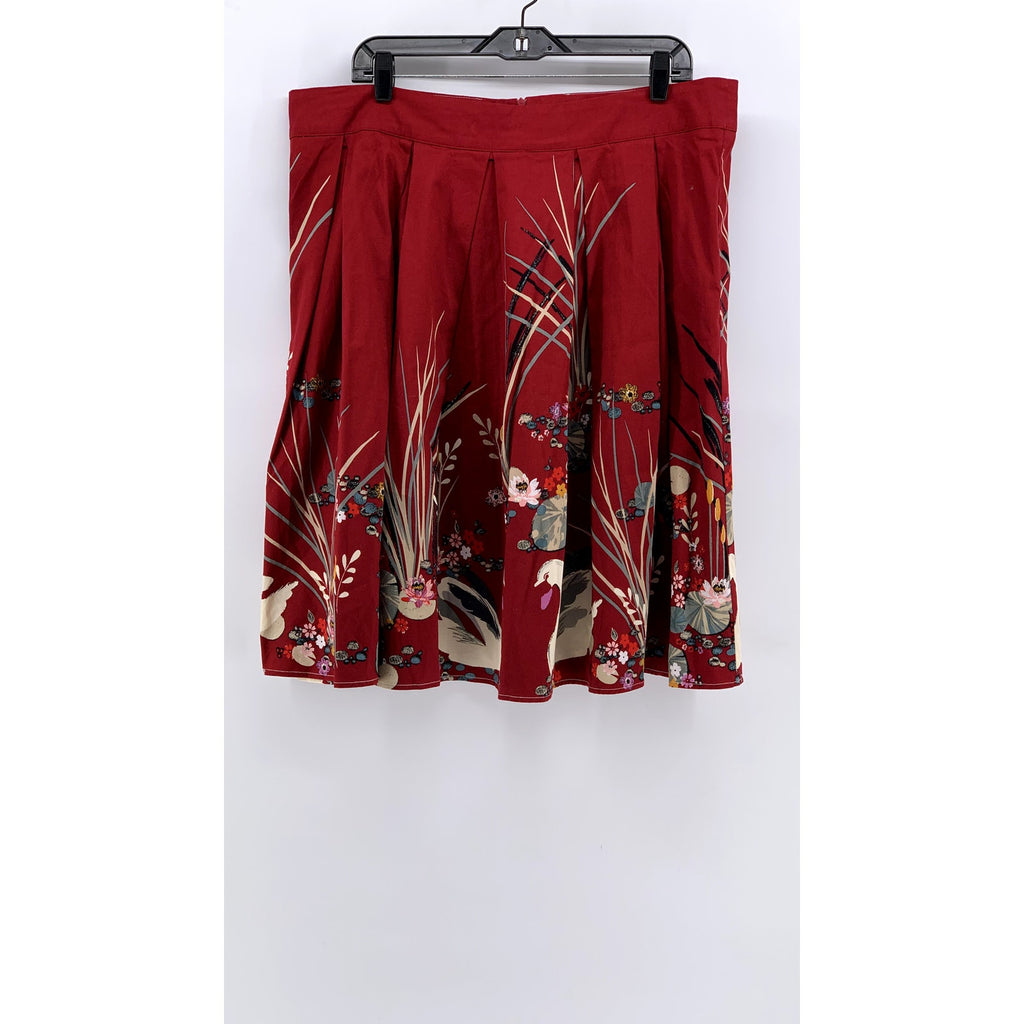 UNBRANDED Women's Plus Red Printed A-Line Pleated Knee Skirt SZ 3XL