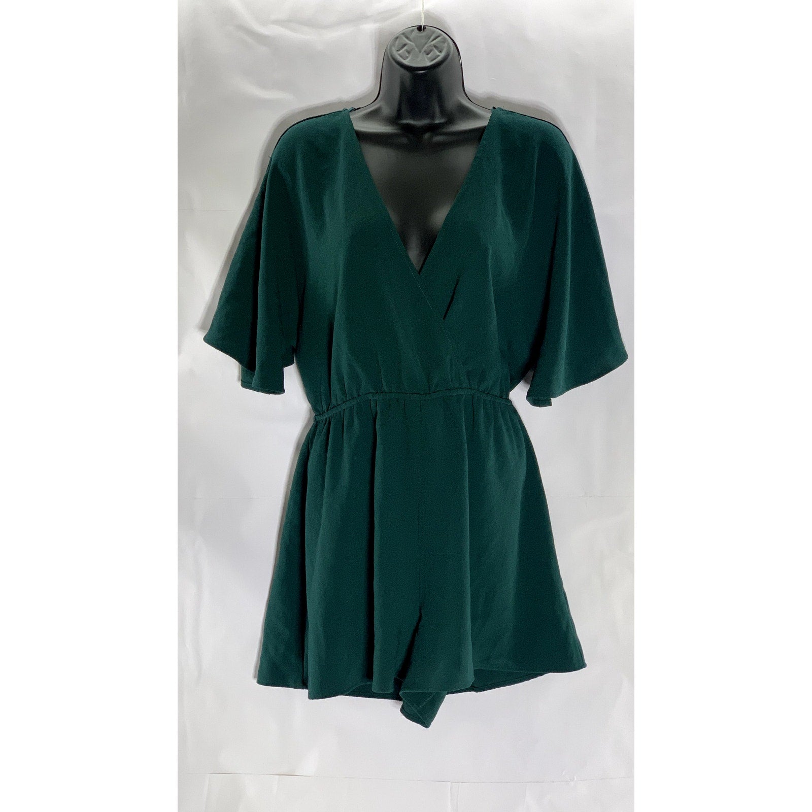 LEITH Women's Dark Green Emerald V-Neck Flowy Short Sleeve Tie-Back Romper SZ M