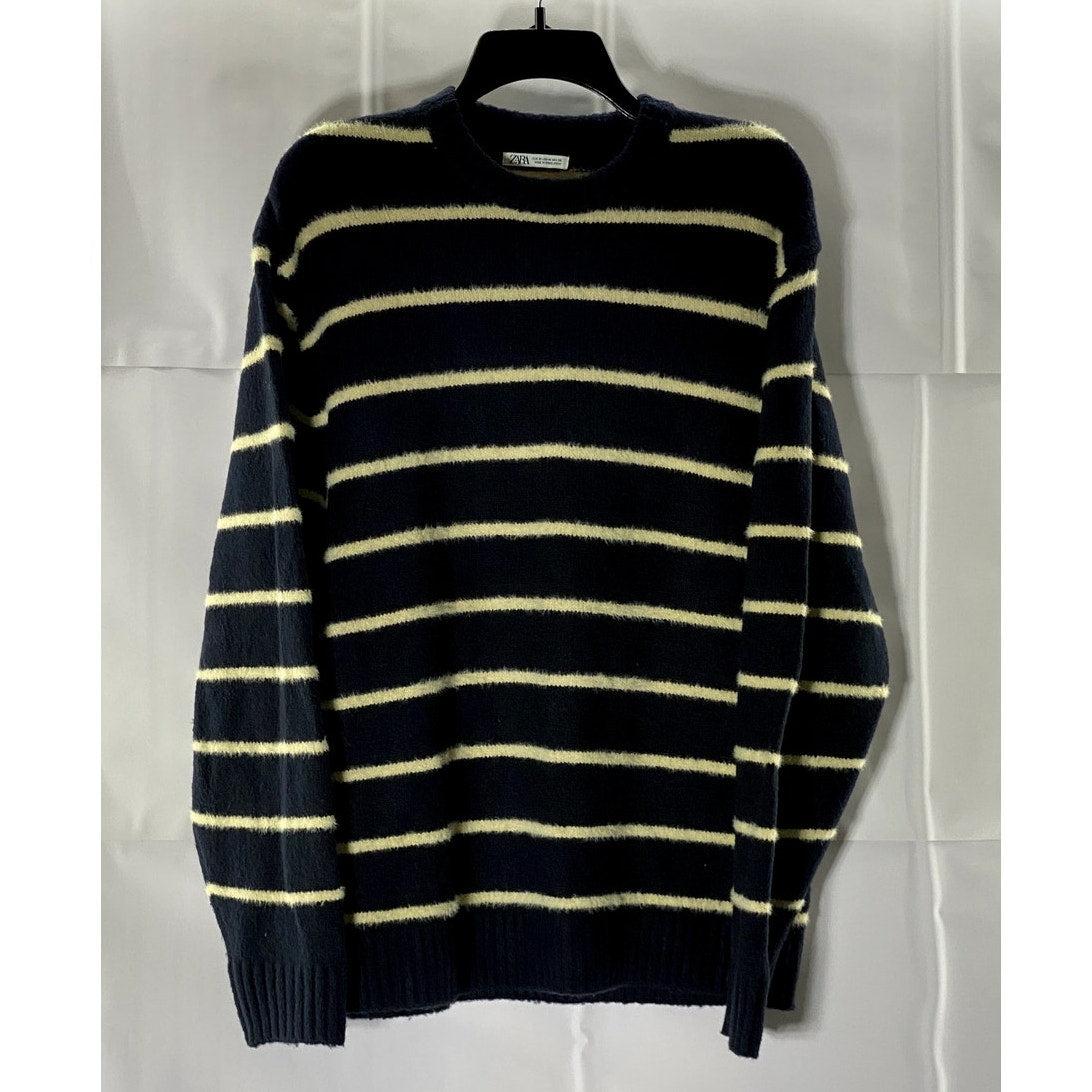 ZARA Men's Navy/Yellow Crewneck Striped Pullover Sweater SZ M