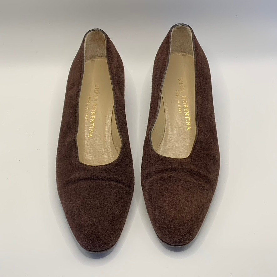 SILVIA FIORENTINA Women's Brown Suede Spiga Round-Toe Block-Heel Pumps SZ 7