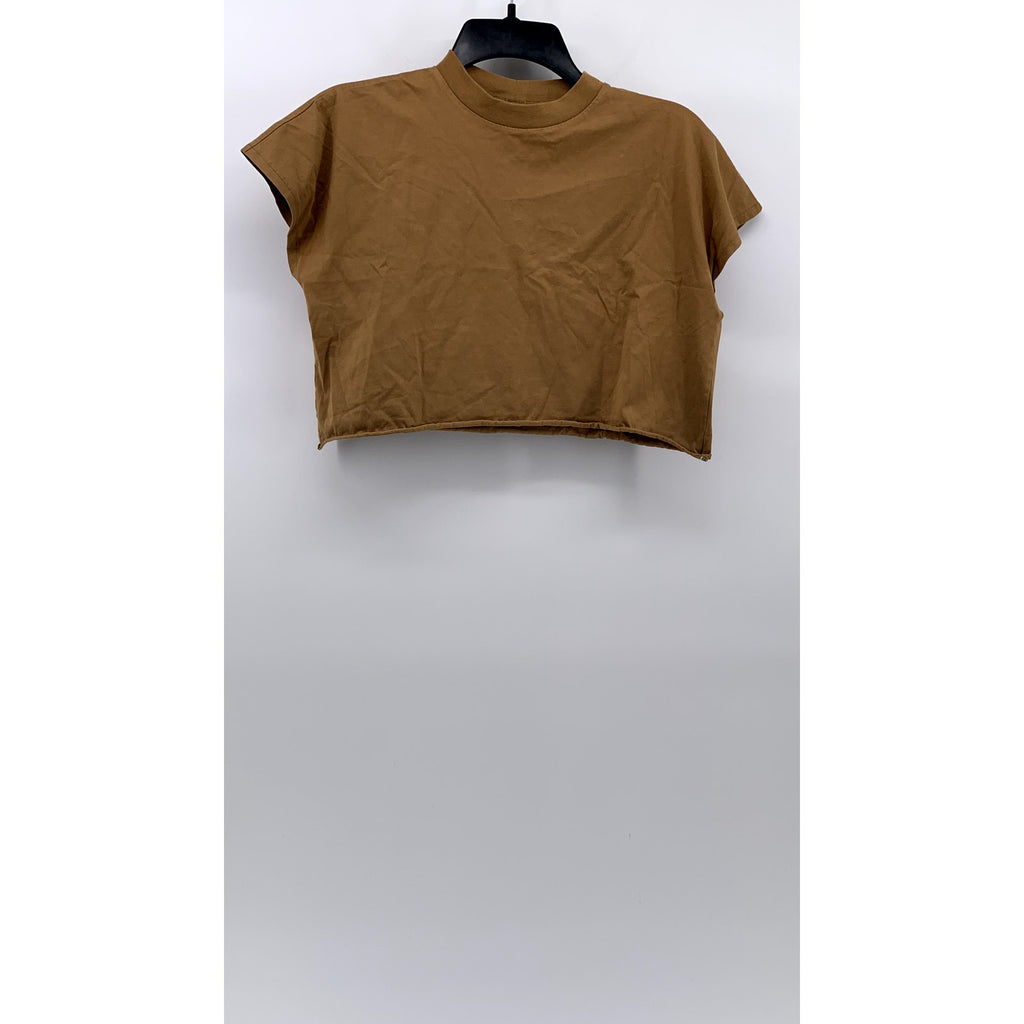 UNIQLO Women's Camel Brown Solid Crewneck Short Sleeve Oversized Crop Top SZ XS