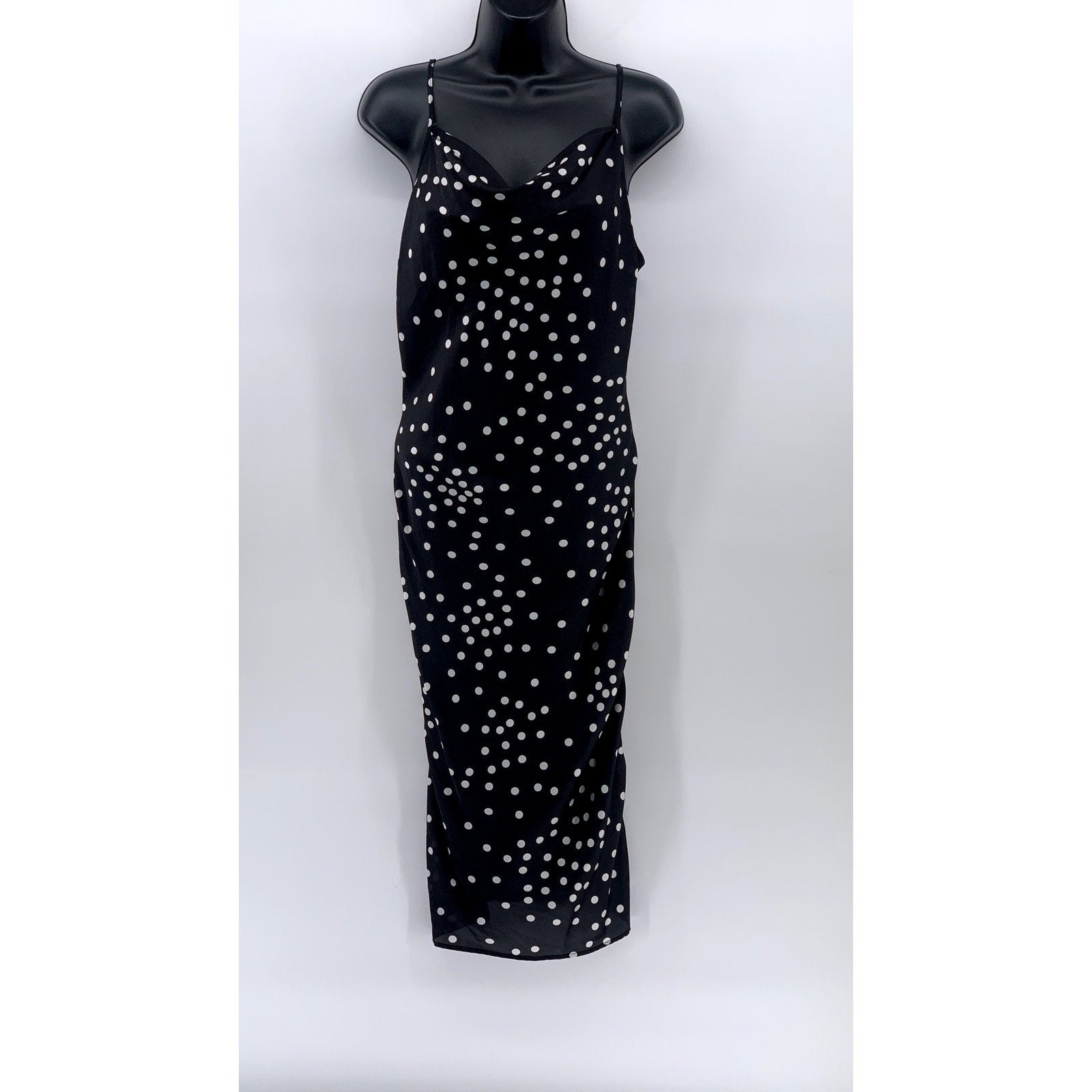 BEBE Women's Black-White Polka Dot Satin Cowl-Neck Slip Midi Dress SZ S