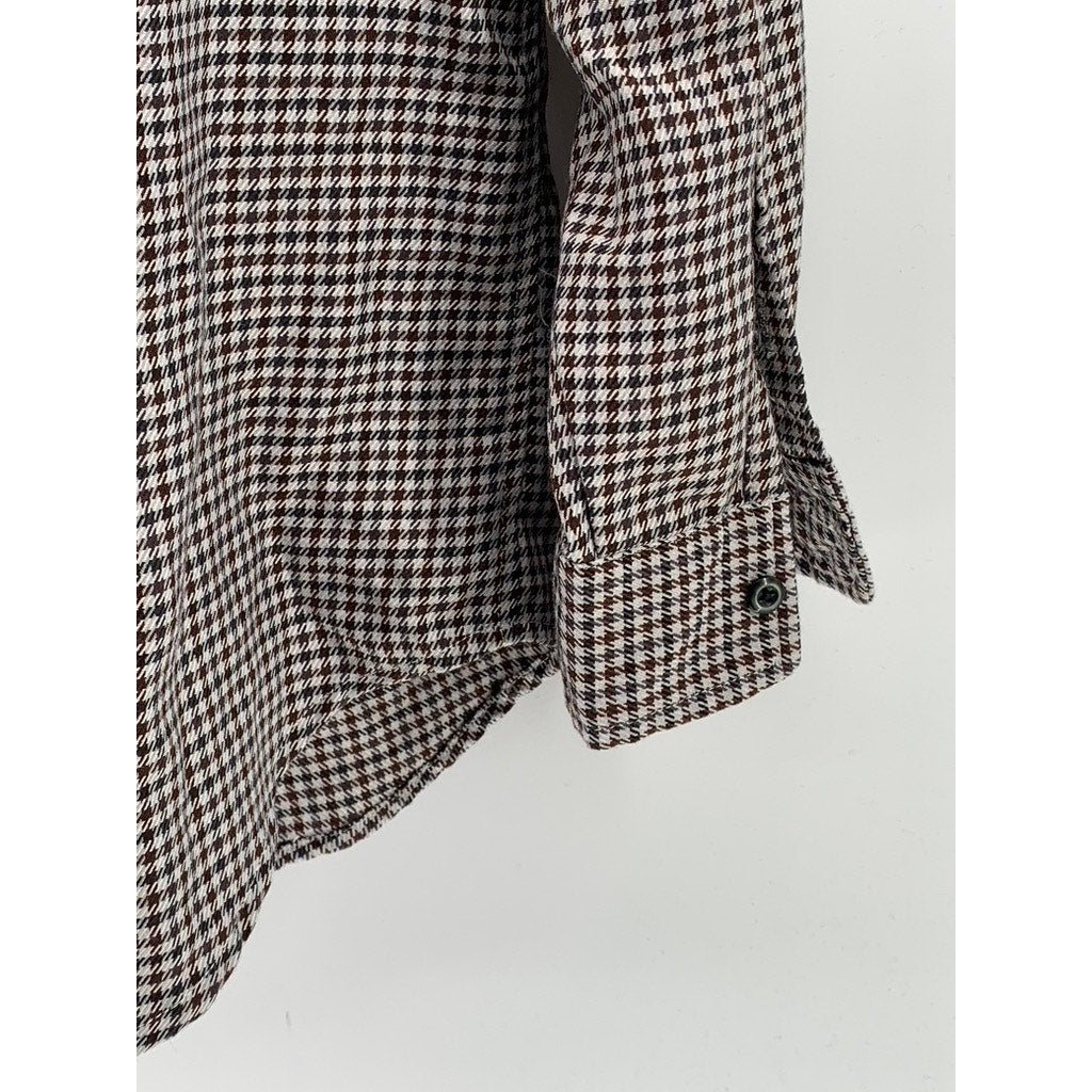 NYLAUS Men's Brown-Black Houndstooth Print Button-Up Rare Vintage Shirt SZ L