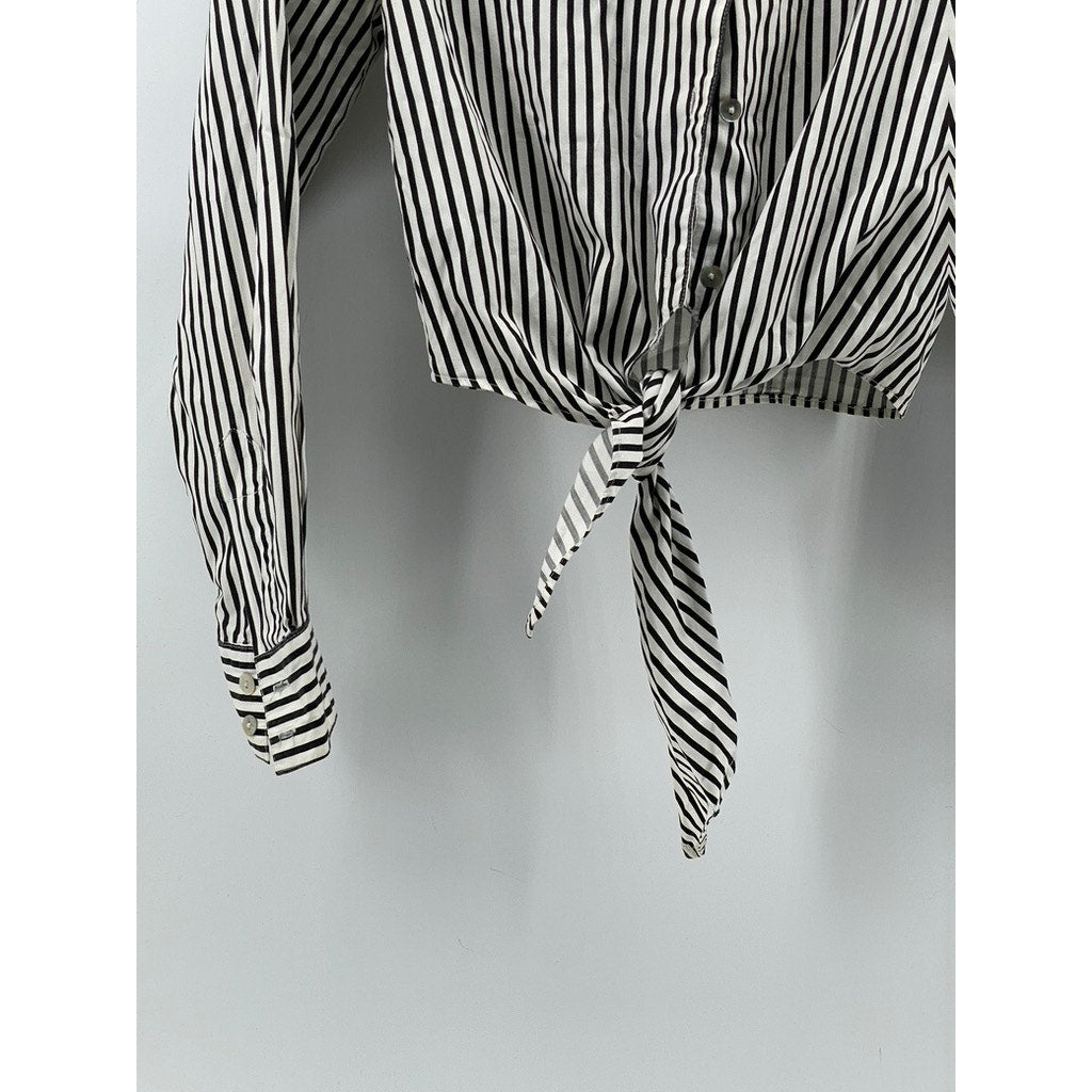 EXPRESS Women’s Black-White Striped Button-Up Tie-Front Cropped Top SZ S