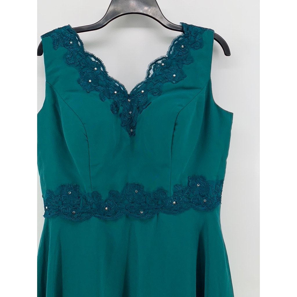 UNBRANDED Women's Dark Green Floral Embroidered Lace Maxi Gown SZ 16
