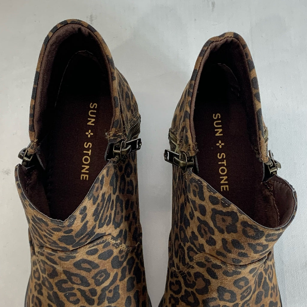 SUN+STONE Women's Brown Leopard Abby Double-Zip Round-Toe Block-Heel Booties SZ8