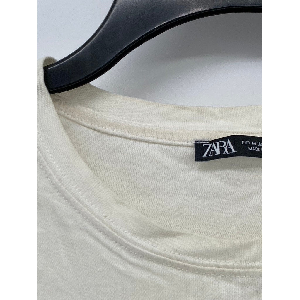ZARA Women's White-Black Abstract Face Graphic Crewneck Short Sleeve Top SZ M