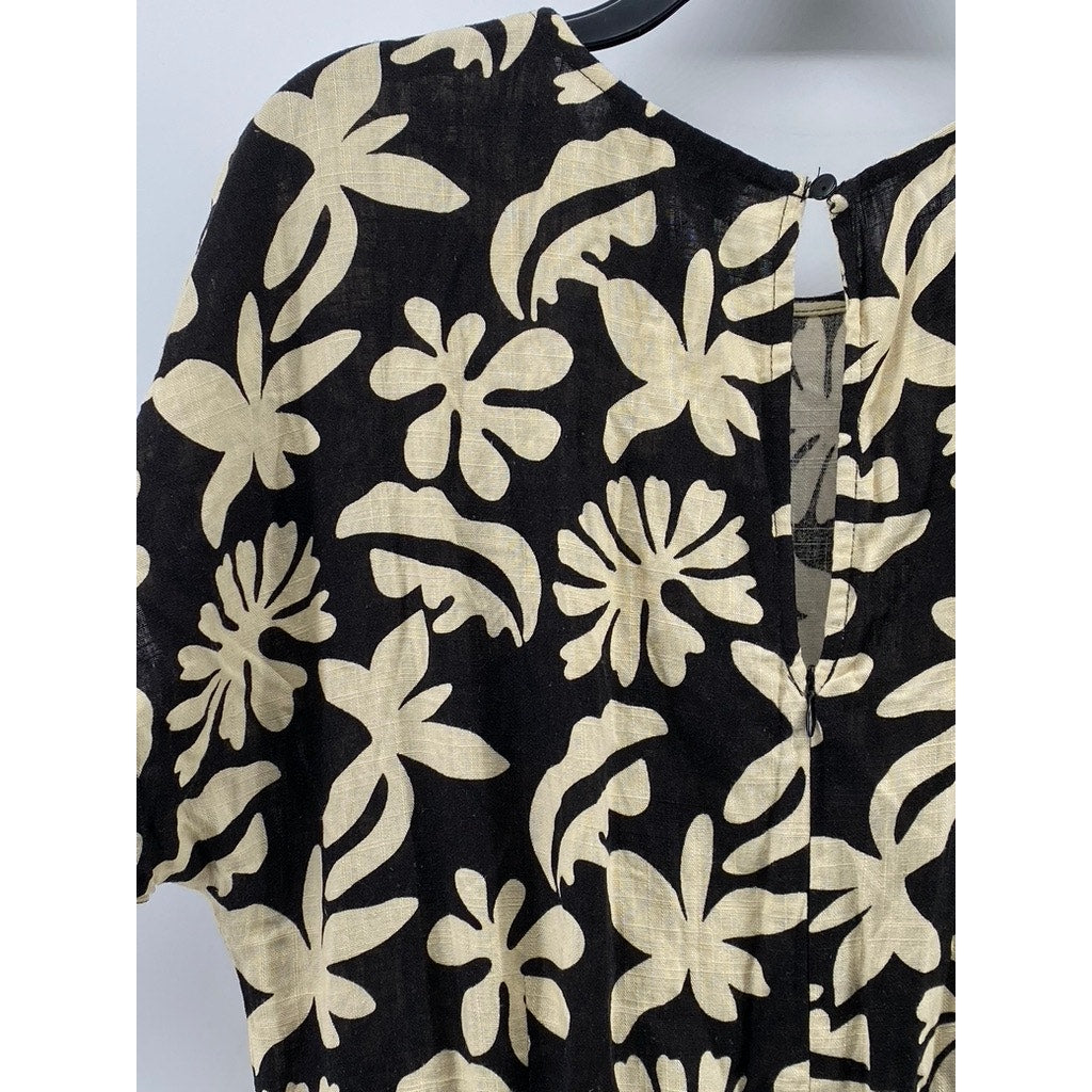LOST & WONDER Women's Black-Beige Tropic Flair Printed Crewneck Jumpsuit SZ L