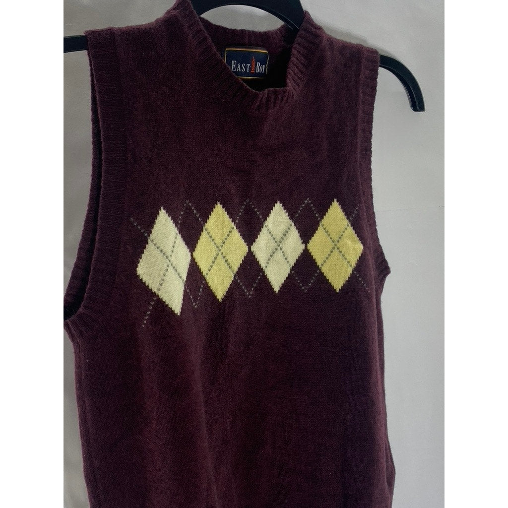 EAST BOY Women's Burgundy-Tan Diamond Crewneck Knit Sweater Vest SZ S