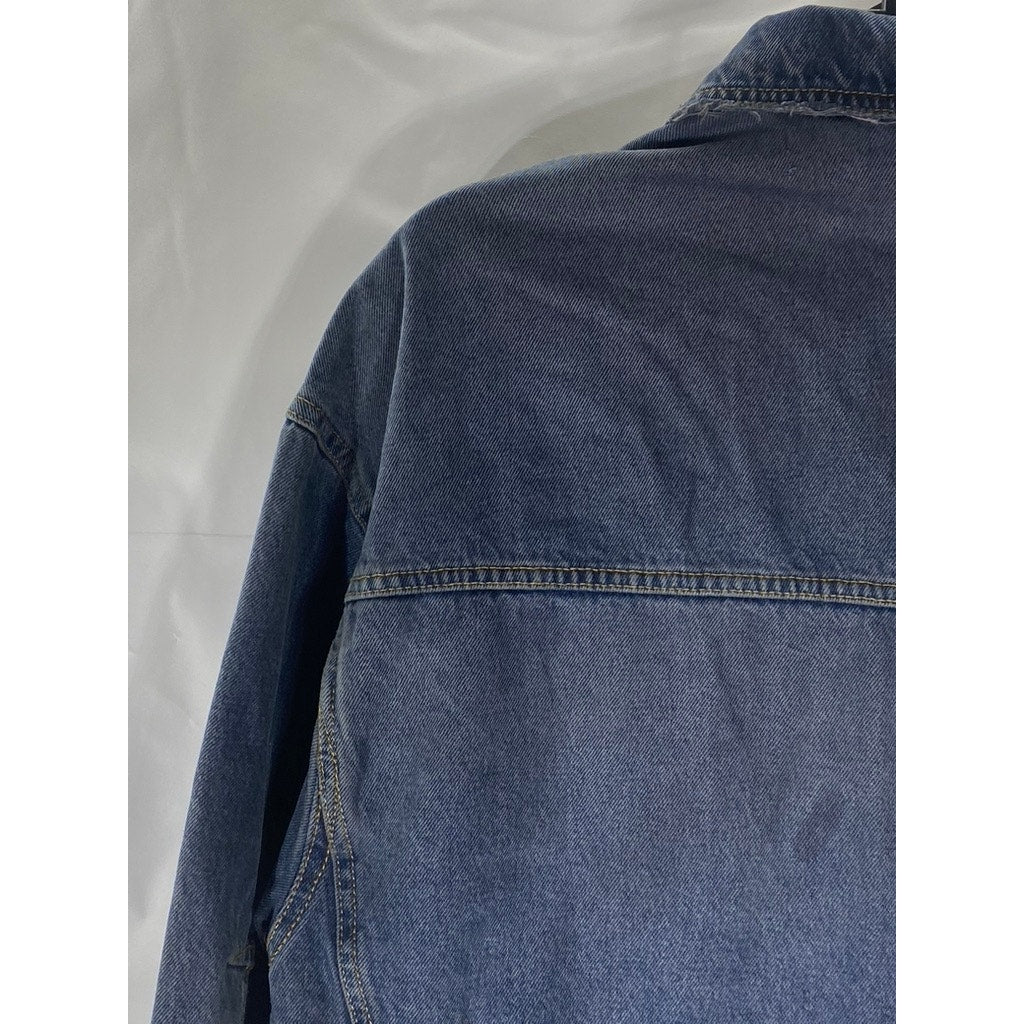 ZARA Women's Dark Navy Blue Denim Distressed Button-Up Oversized Jacket SZ M