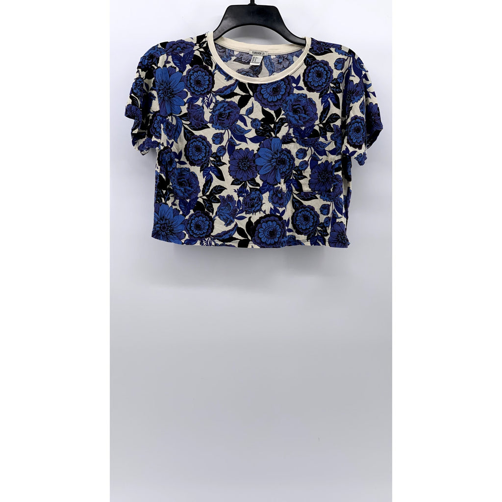 FORVER 21 Women’s Blue-Cream Floral Printed Crewneck Short Sleeve Crop Top SZ S