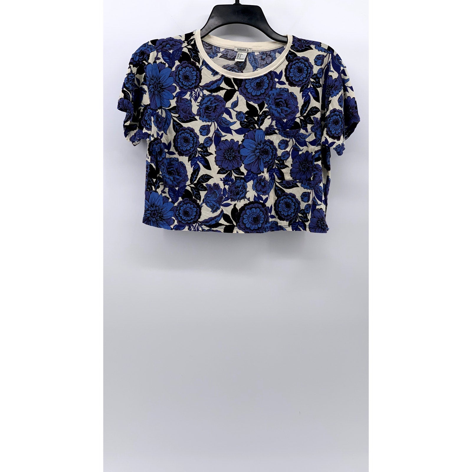 FORVER 21 Women’s Blue-Cream Floral Printed Crewneck Short Sleeve Crop Top SZ S