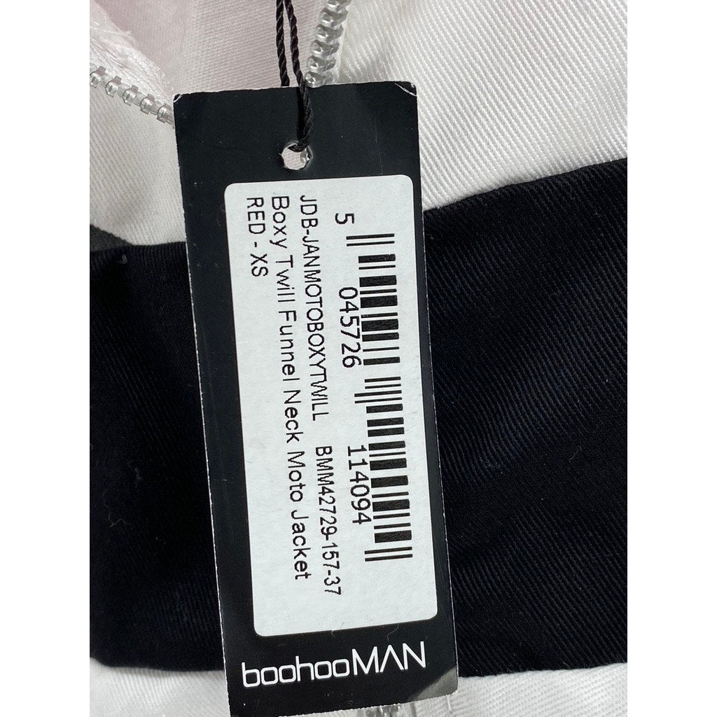 BOOHOOMAN Men's White-Red-Black Boxy Twill Funnel Neck Moto Jacket SZ XS