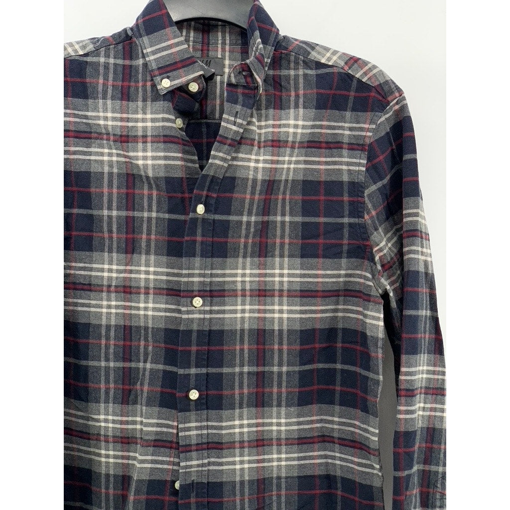 H&M Men's Gray-Navy-Burgundy Regular Fit Plaid Button-Up Long Sleeve Shirt SZ S