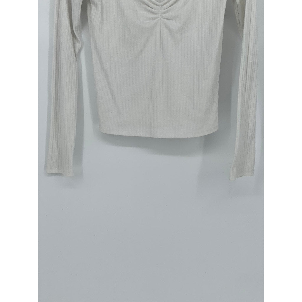 UNBRANDED Women's White Wide Rib V-Neck Long Sleeve Top SZ S