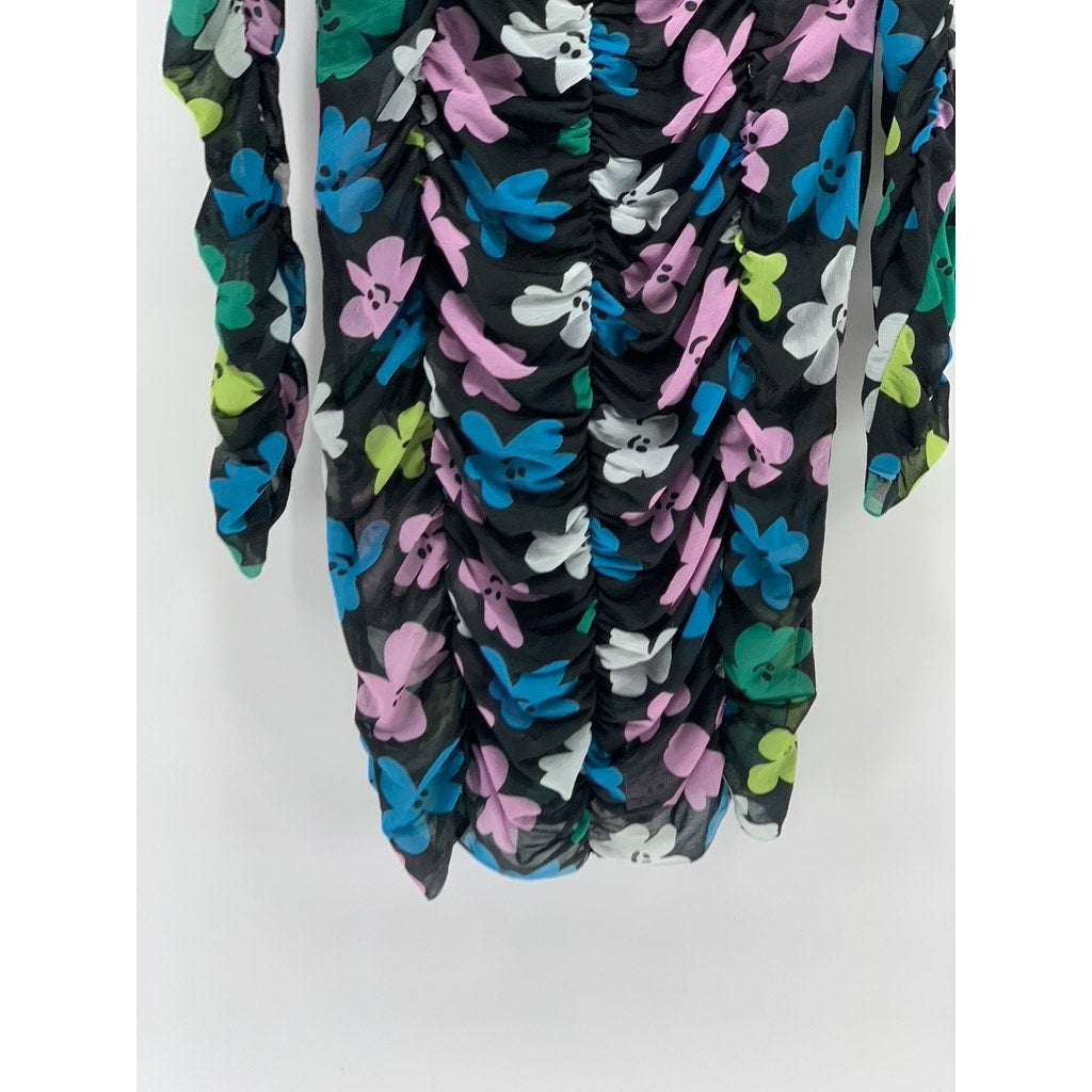 COLLUSION Women's Black Daisy Floral Print Sheer Ruched Bodycon Mini Dress SZ 12
