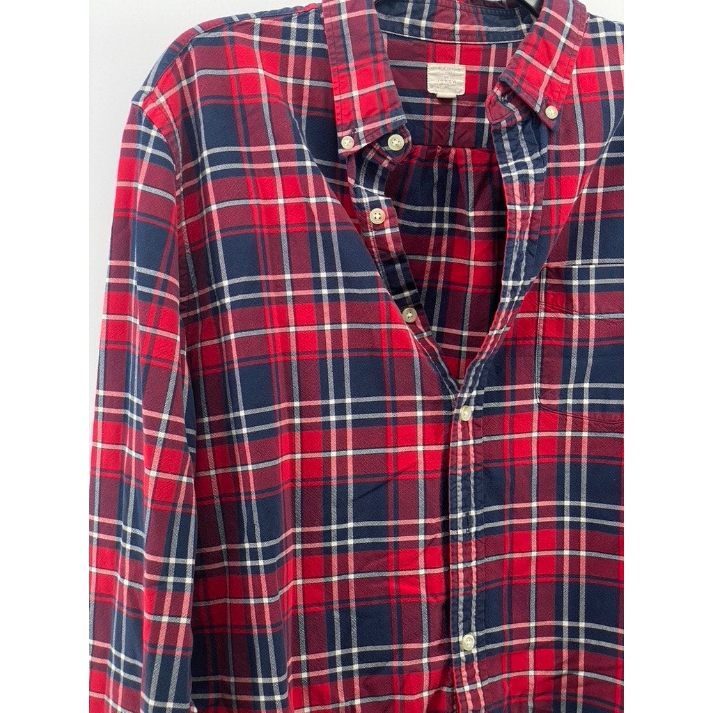 J.CREW Men's Red-Blue Plaid Vintage Oxford Button-Up Long Sleeve Shirt SZ L