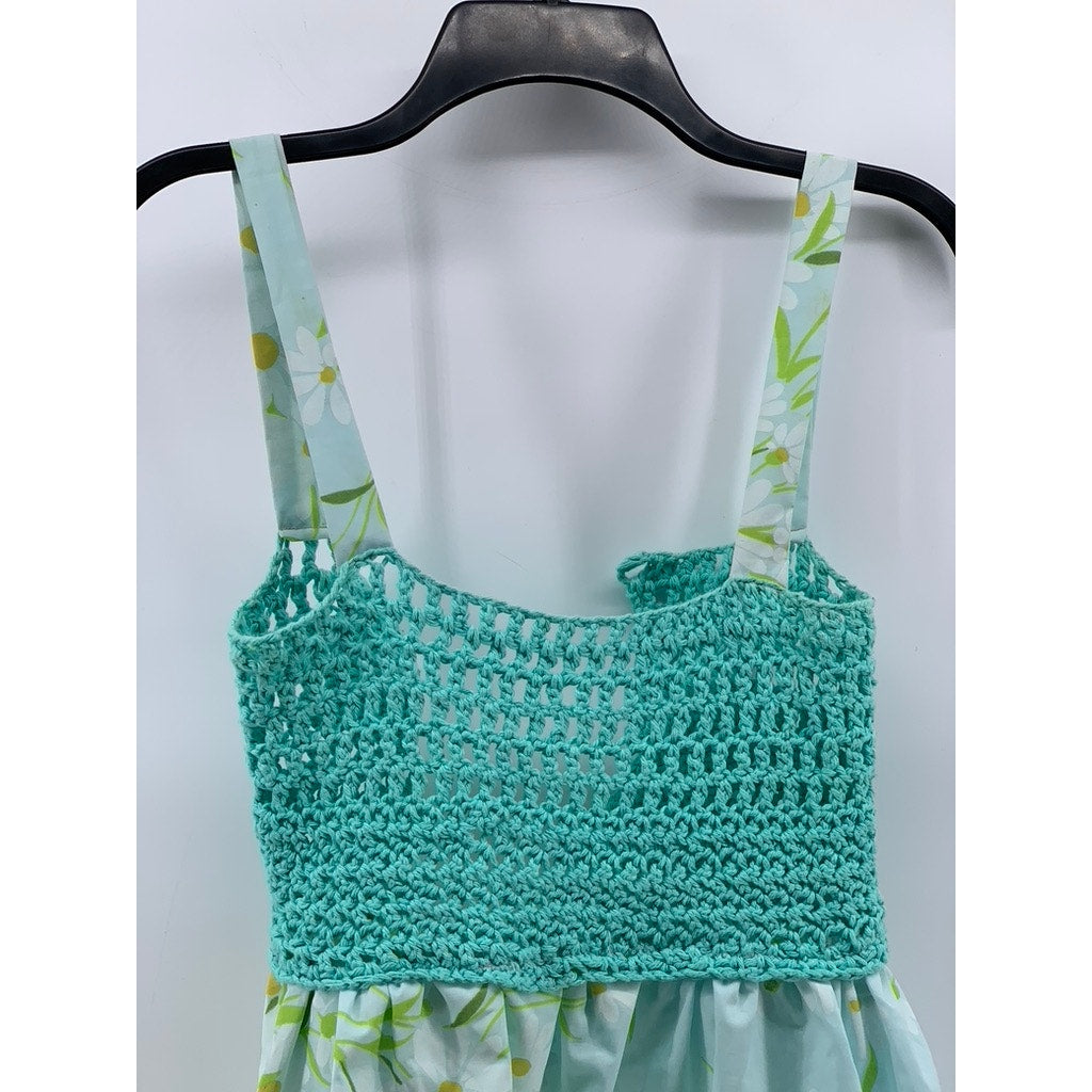 UNBRANDED Women's Blue Floral Scoop-Neck Crochet Knit Handmade Ruffle Top SZ S