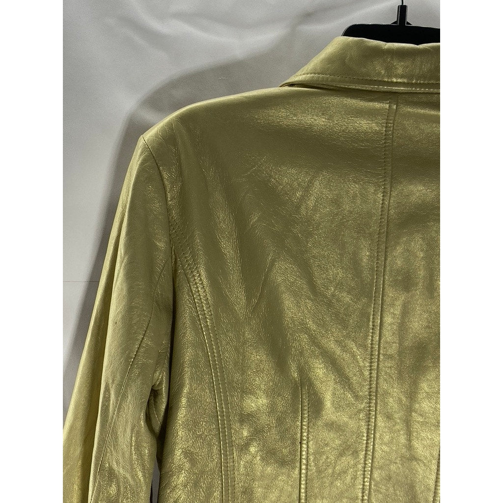BERNARDO DESIGN Women's Vintage Gold Leather Notch Lapel Zip-Up Jacket SZ L