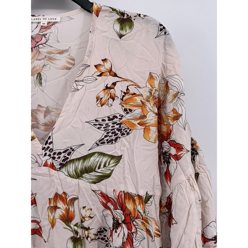 LABEL OF LOVE Women's White Floral V-Neck 3/4 Sleeve Top SZ M
