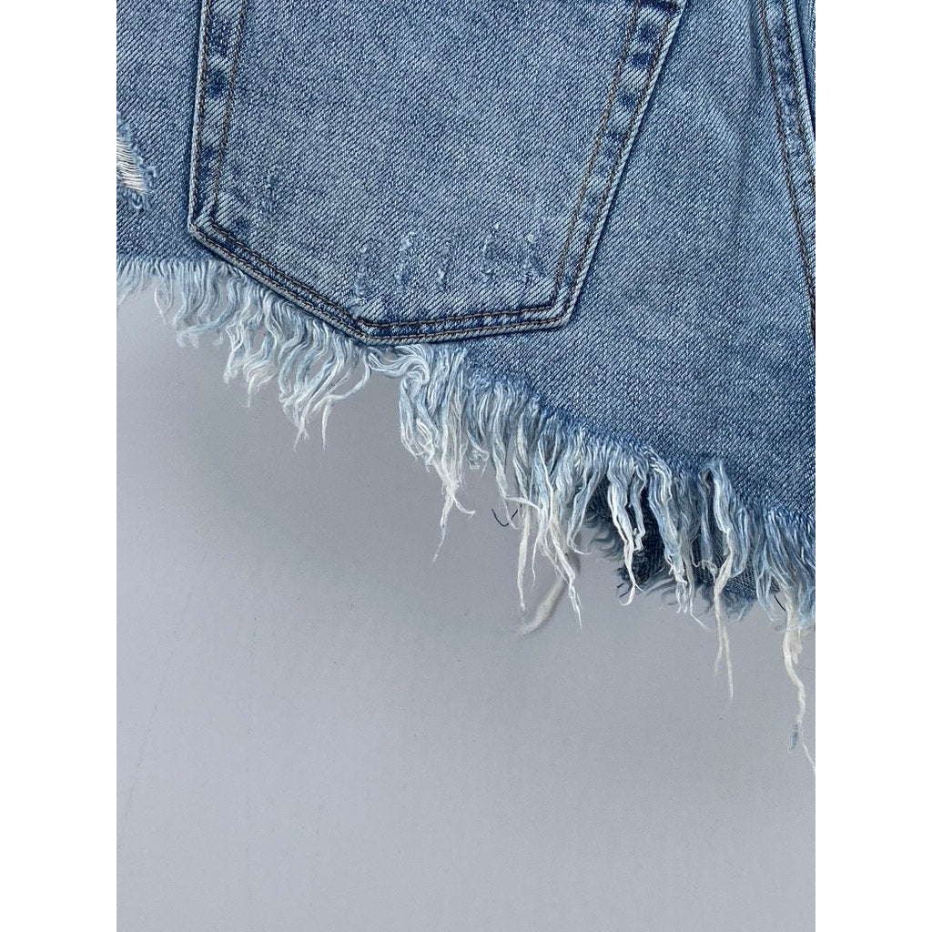 WE THE FREE Women’s Blue Denim Distressed Raw-Hem Short Shorts SZ 24