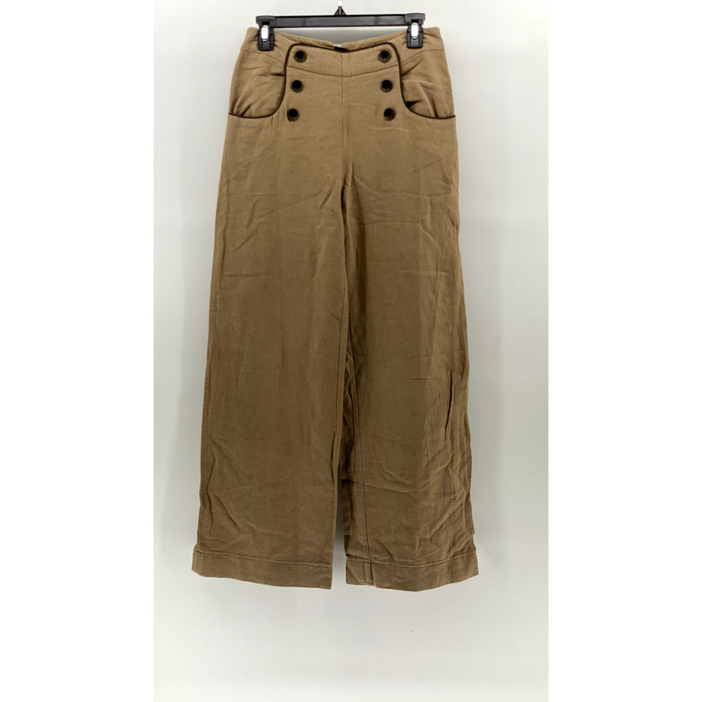 BROOKLYN INDUSTRIES Women's Tan Button-Detail Relaxed-Fit Wide-Leg Pants SZ 4