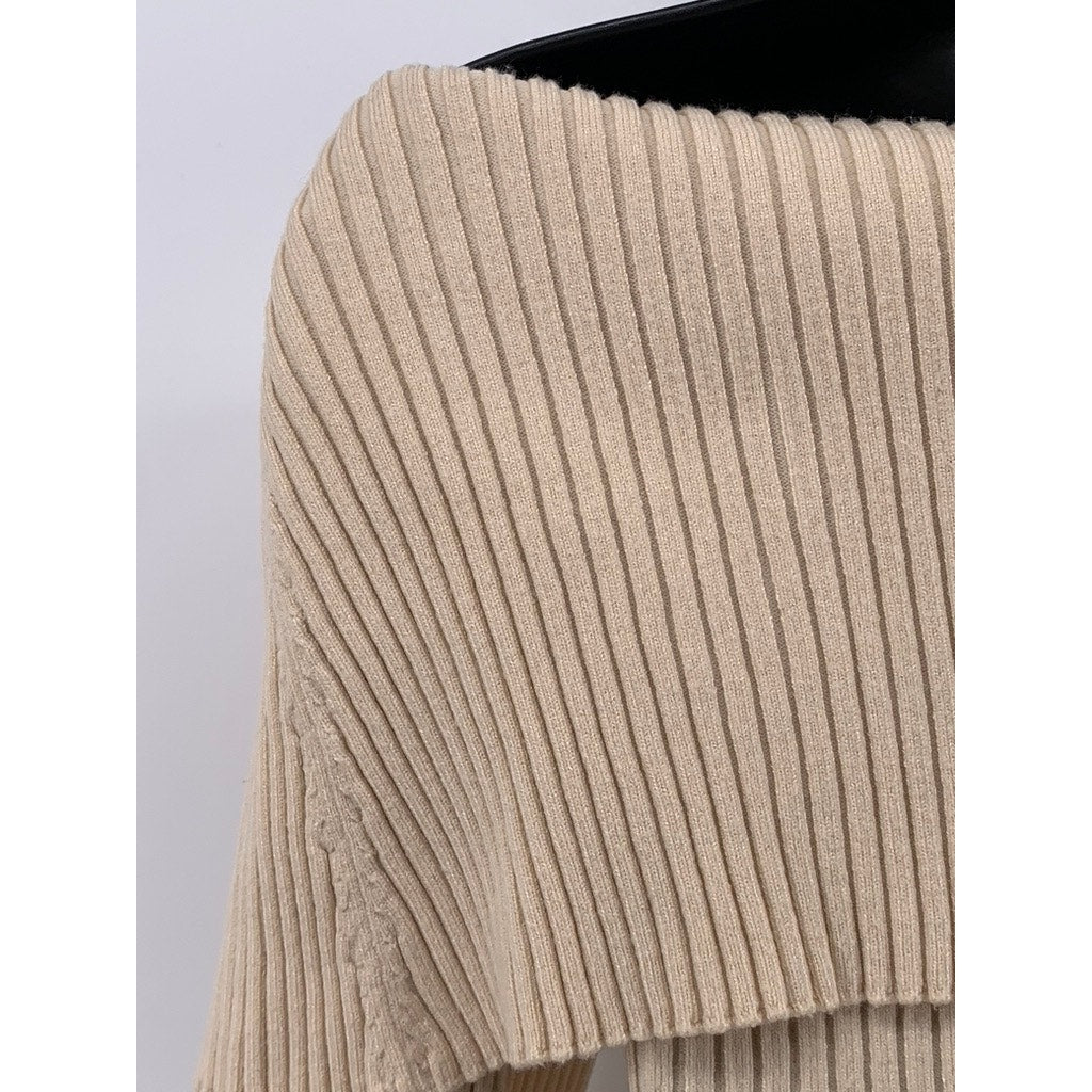 ZARA Women's Beige Rib Knit Off-The-Shoulder V-Neck Cropped Sweater Top SZ S