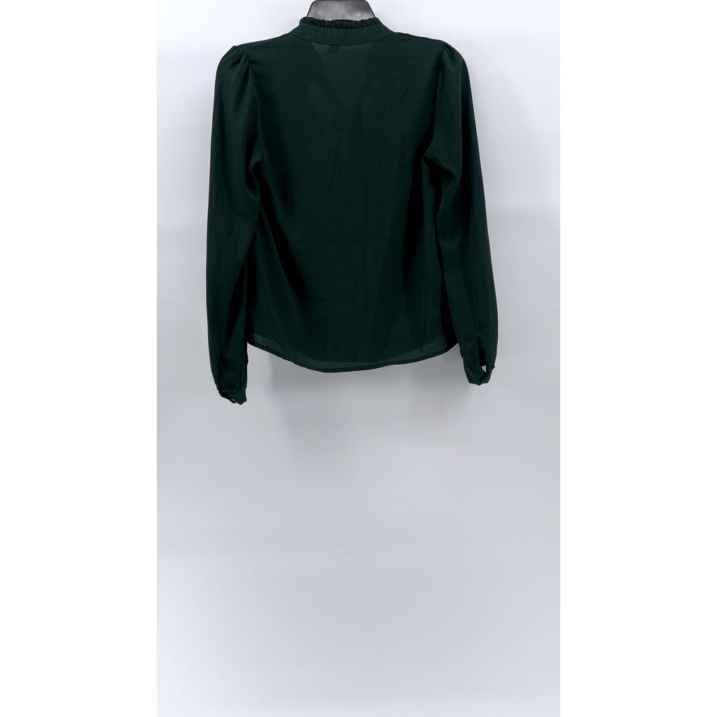 FOREVER 21 Women's Forest Green Semi Sheer Ruffle Tie-Neck Long Sleeve Top SZ S