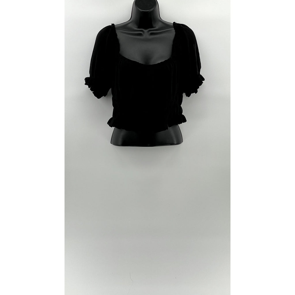 FOREVER 21 Women's Black Mesh Scoop-Neck Short Puff Sleeve Tiered Mesh Top SZ L
