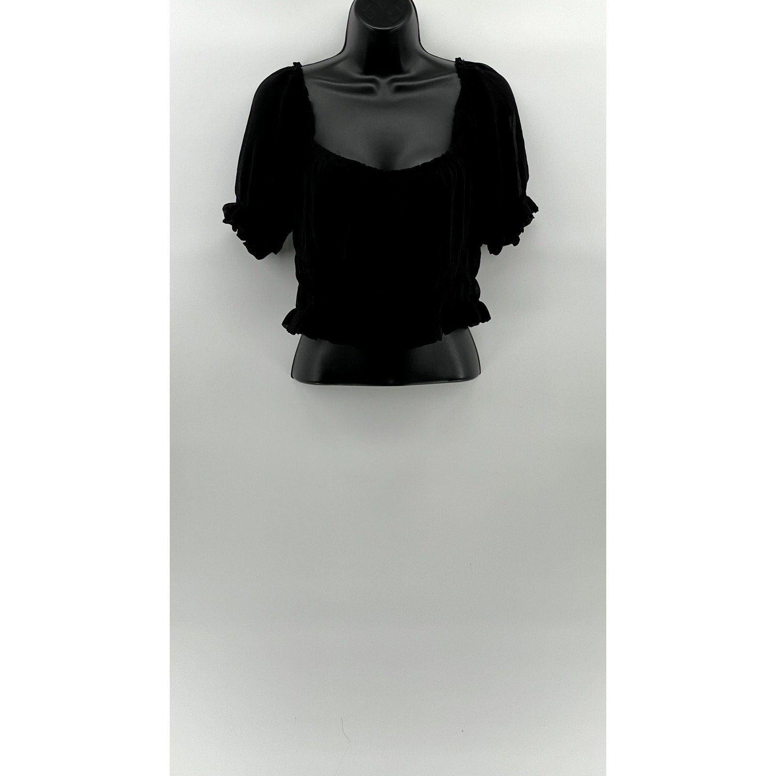 FOREVER 21 Women's Black Mesh Scoop-Neck Short Puff Sleeve Tiered Mesh Top SZ L