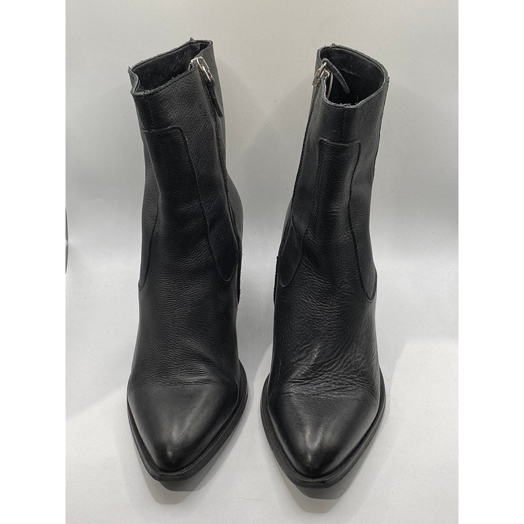 MNG Women's Black Leather Almond Toe Block-Heel Mid-Calf Boots SZ 41(US11)