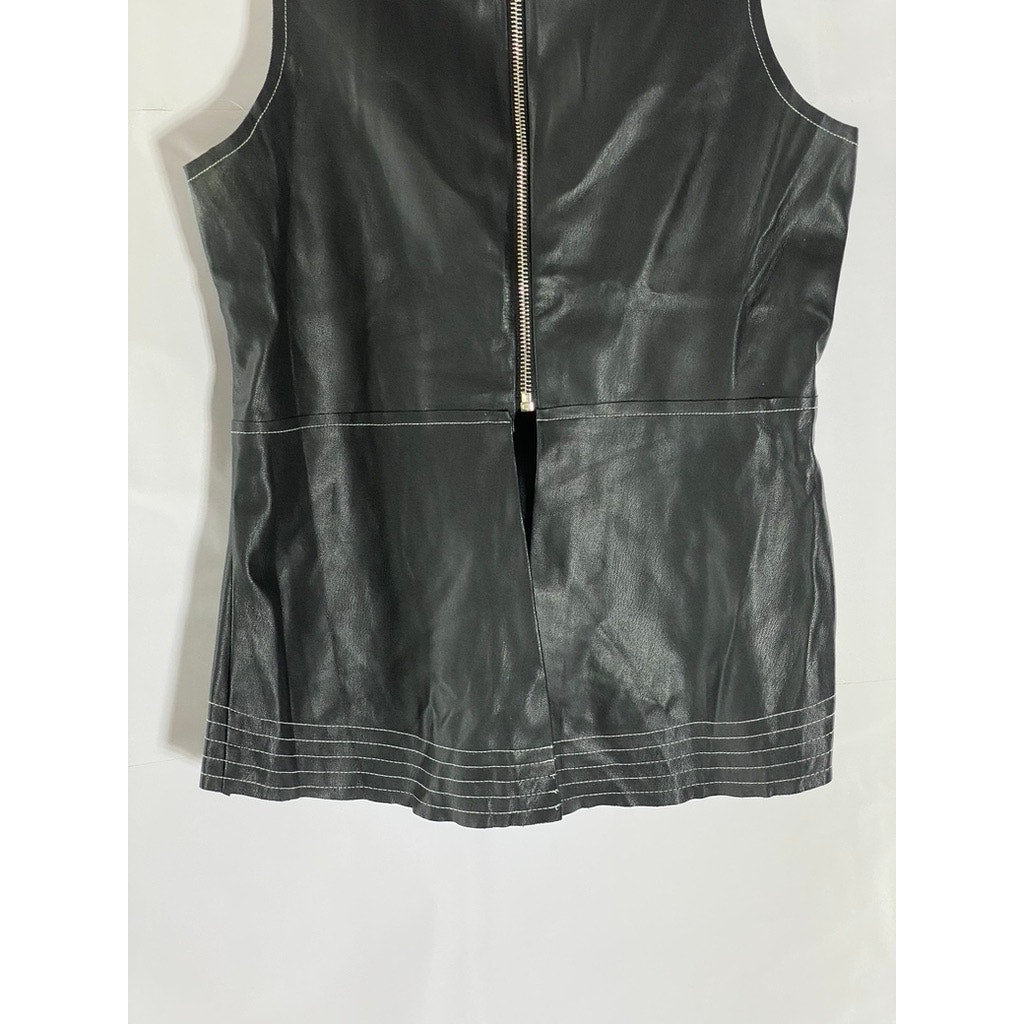 ZARA BASIC Women's Black Faux-Leather Contrast Stitch Back Zipper Top SZ M
