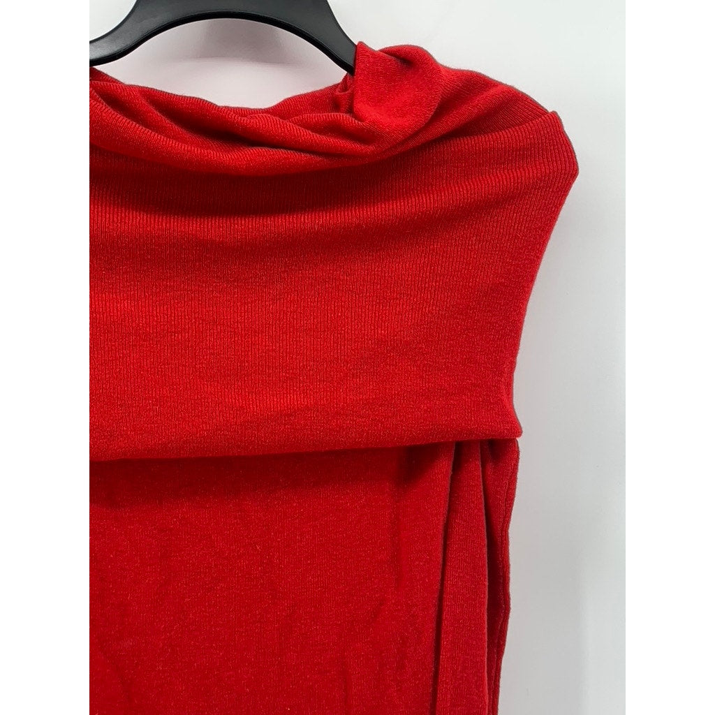ZARA Women's Red Wool Off-The-Shoulder Fold-Over Long Sleeve Sweater Top SZ S
