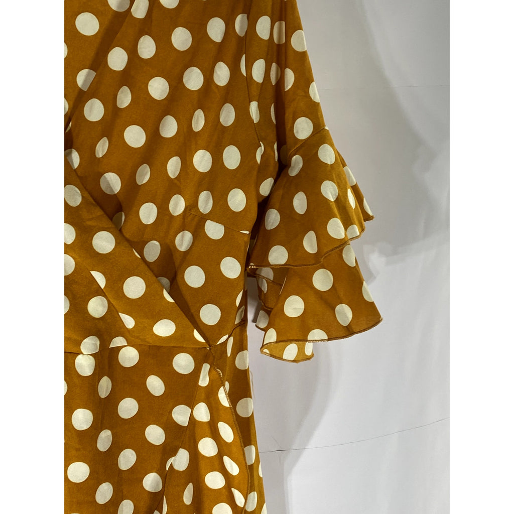 SHEIN Women's Carmel Brown-White Polka Dot Surplice Ruffle-Hem Dress SZ L