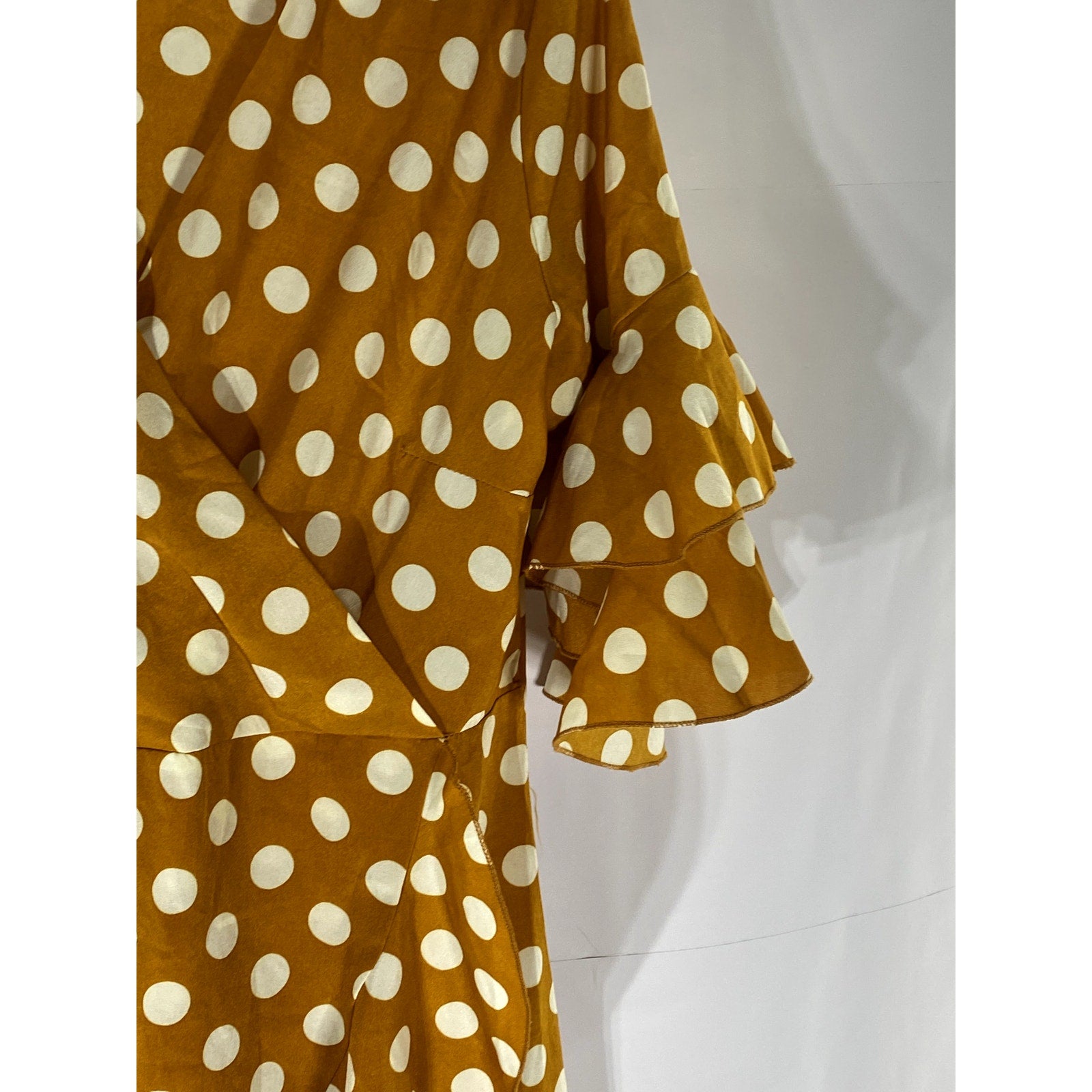 SHEIN Women's Carmel Brown-White Polka Dot Surplice Ruffle-Hem Dress SZ L