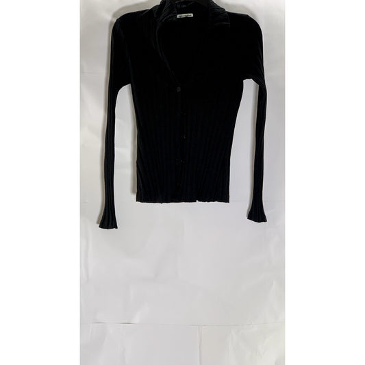 REFORMATION Women's Black Ribbed Button-Front V-Neck Long Sleeve Top SZ S