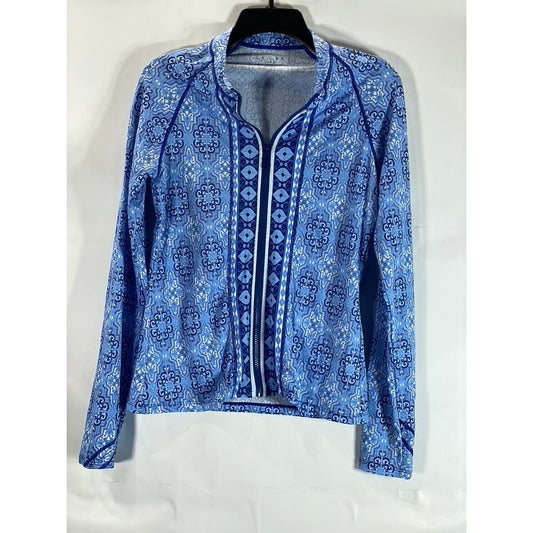 CABANA LIFE Women's Blue Printed Split-Neck Long Sleeve Top SZ L