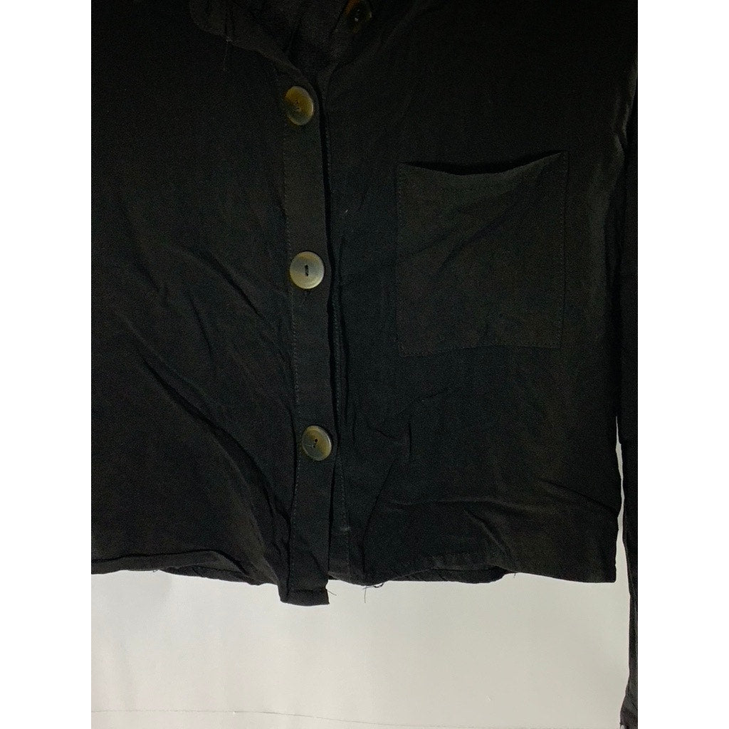 HEART & HIPS Women's Black Solid Button-Up Long Sleeve Top SZ S