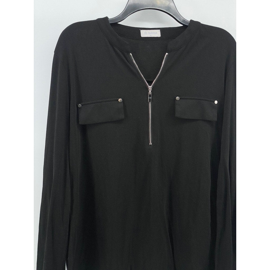 BULOTUS Women's Black Half-Zip Long Roll Tab Sleeves Tunic Casual Top SZ XL