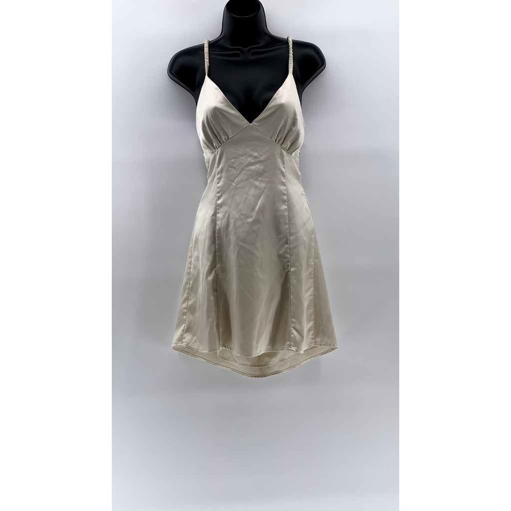SUNDAYS Women's Beige V-Neck Scrunched Strappy Open Back Fit & Flare Dress SZ M