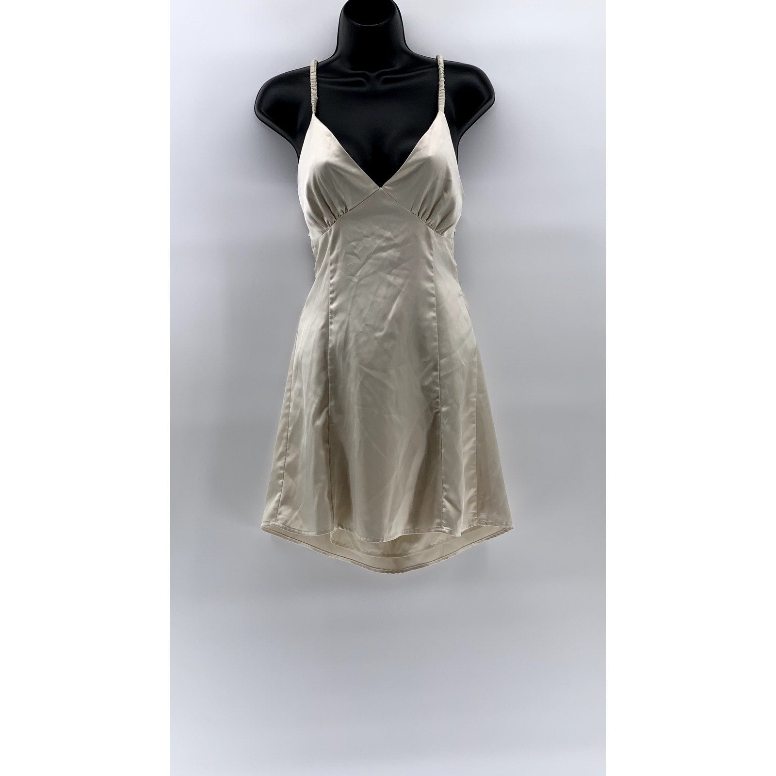SUNDAYS Women's Beige V-Neck Scrunched Strappy Open Back Fit & Flare Dress SZ M