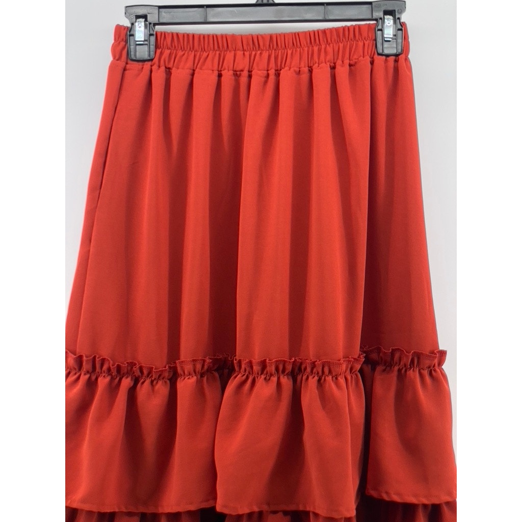 UNBRANDED Women's Orange Tiered Pull-On Pocketless A-Line Midi Skirt SZ S